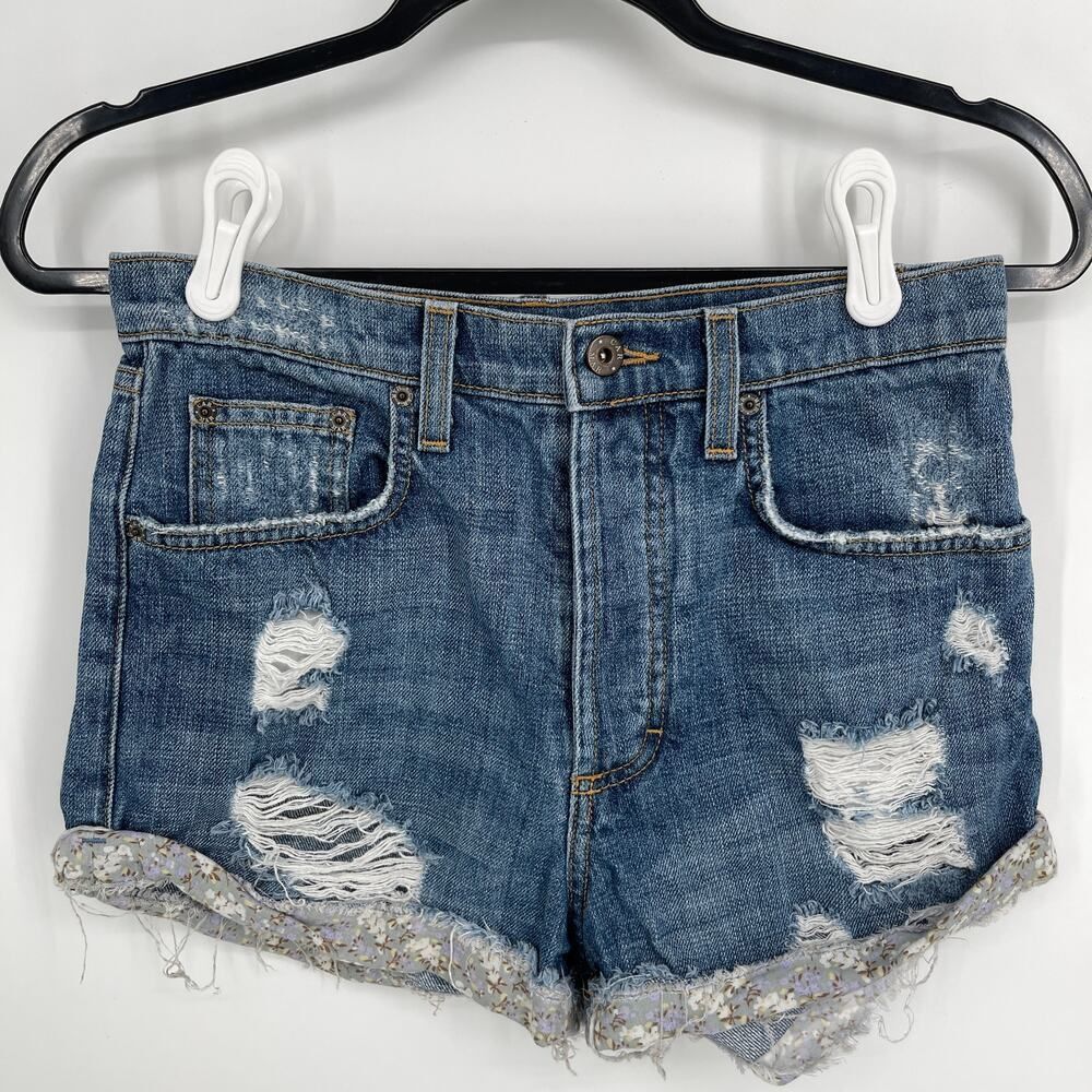 Carmar Button Fly Jean Shorts Womens Sz 26 Hi Rise Distressed Cuffed Blue Denim